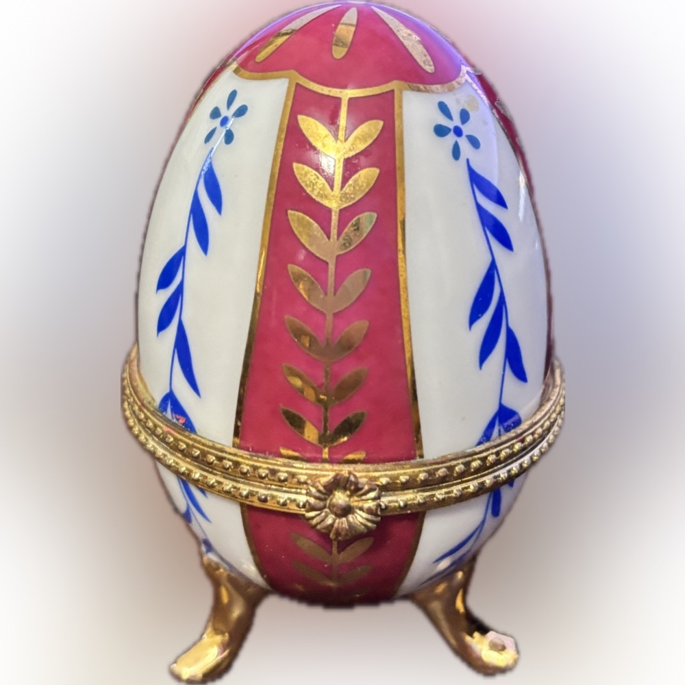 Floral Egg Trinket Box with Gold Trim